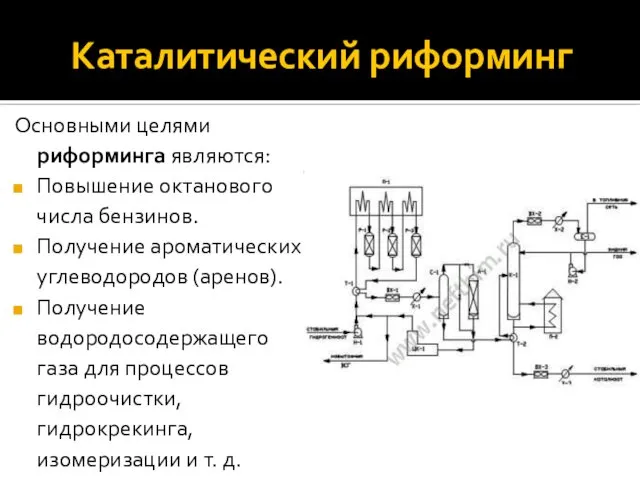 Каталитический риформинг Основными целями риформинга являются: Повышение октанового числа бензинов. Получение