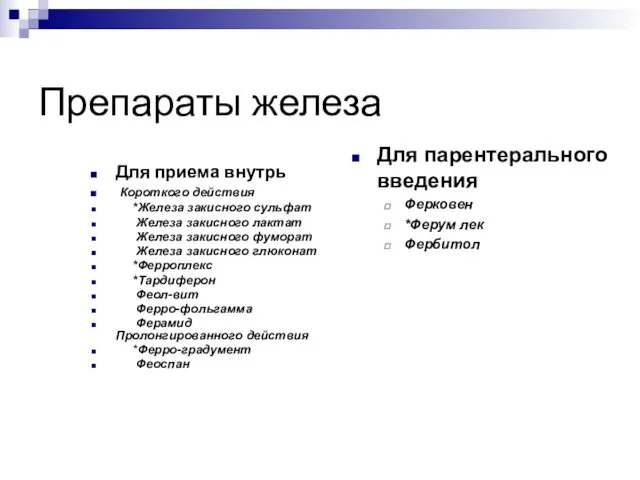 Препараты железа Для приема внутрь Короткого действия *Железа закисного сульфат Железа