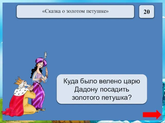 20 На спицу Куда было велено царю Дадону посадить золотого петушка?