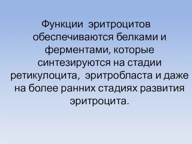 Функции эритроцитов обеспечиваются белками и ферментами, которые синтезируются на стадии ретикулоцита,