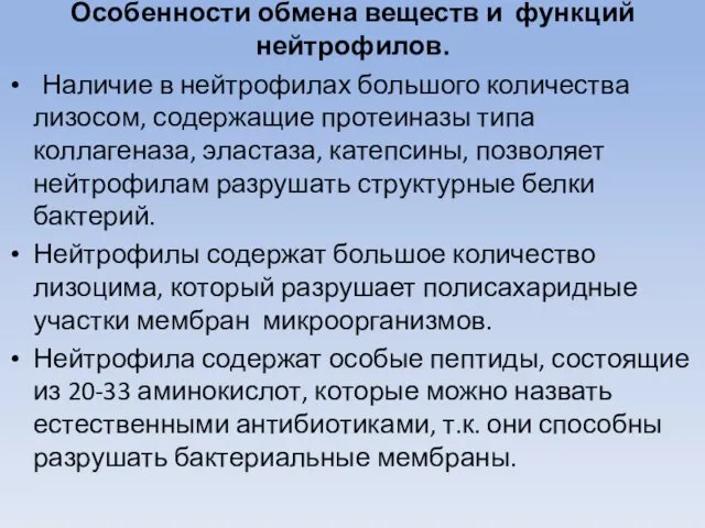 Особенности обмена веществ и функций нейтрофилов. Наличие в нейтрофилах большого количества