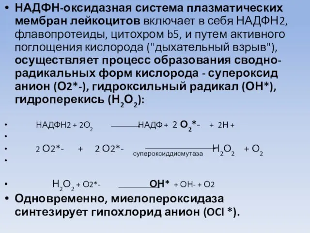 НАДФН-оксидазная система плазматических мембран лейкоцитов включает в себя НАДФН2, флавопротеиды, цитохром