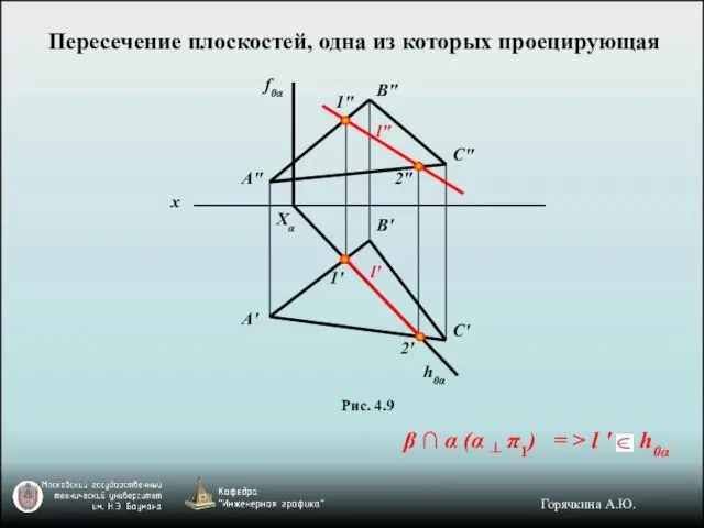 Пересечение плоскостей, одна из которых проецирующая Рис. 4.9 β ∩ α