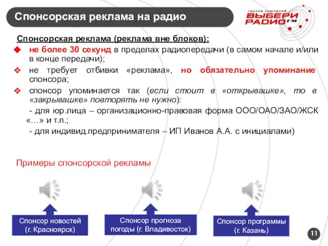 Спонсорская реклама на радио Спонсорская реклама (реклама вне блоков): не более