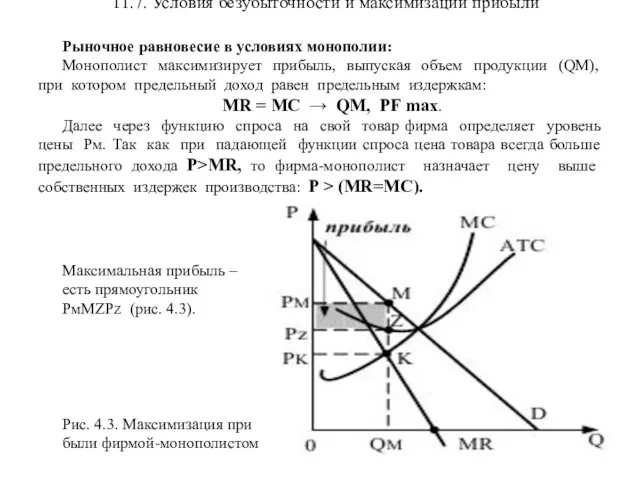 11.7. Условия безубыточности и максимизации прибыли Рыночное равновесие в условиях монополии: