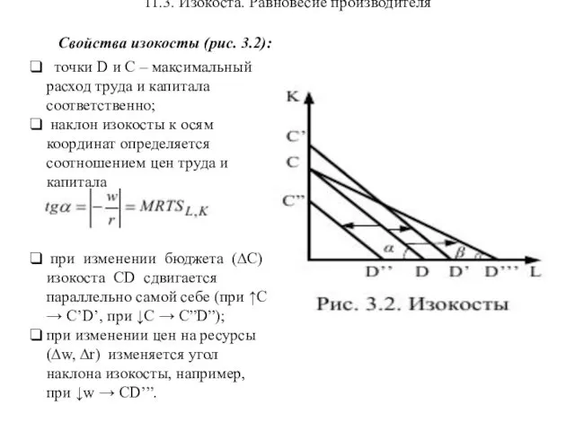 11.3. Изокоста. Равновесие производителя Свойства изокосты (рис. 3.2): точки D и