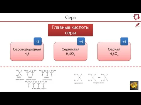 Сера Главные кислоты серы Сероводородная H2S Сернистая H2SО3 Серная H2SО4 -2 +4 +6