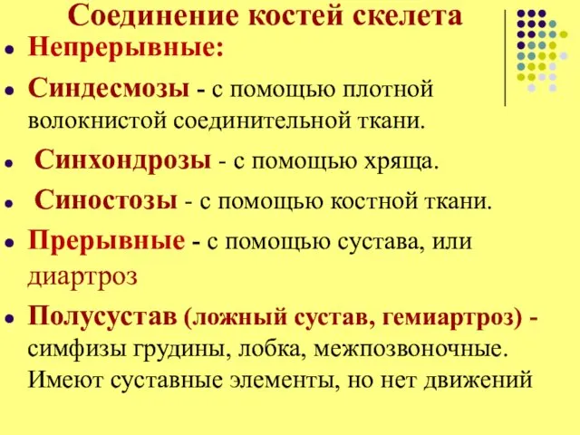 Соединение костей скелета Непрерывные: Синдесмозы - с помощью плотной волокнистой соединительной