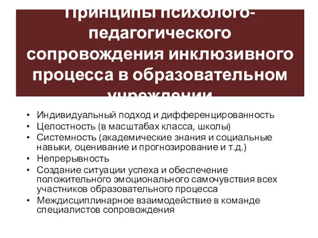 Принципы психолого-педагогического сопровождения инклюзивного процесса в образовательном учреждении Индивидуальный подход и