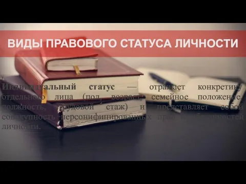 ВИДЫ ПРАВОВОГО СТАТУСА ЛИЧНОСТИ Индивидуальный статус — отражает конкретику отдельного лица