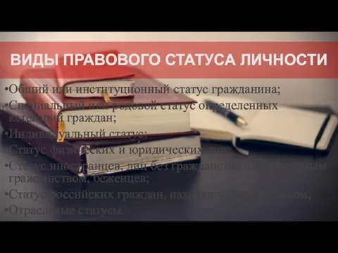 ВИДЫ ПРАВОВОГО СТАТУСА ЛИЧНОСТИ Общий или институционный статус гражданина; Специальный или