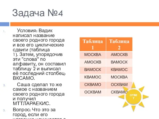 Задача №4 Условия: Вадик написал название своего родного города и все