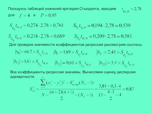 Пользуясь таблицей значений критерия Стьюдента, находим для и Для проверки значимости