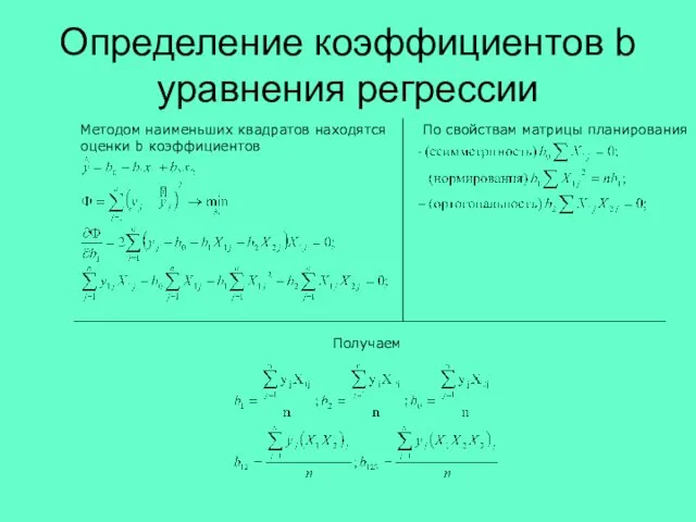 Определение коэффициентов b уравнения регрессии По свойствам матрицы планирования Методом наименьших