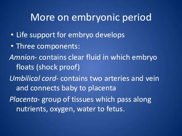 More on embryonic period Life support for embryo develops Three components: