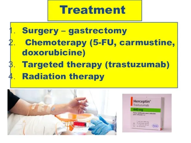 Treatment Surgery – gastrectomy Chemoterapy (5-FU, carmustine, doxorubicine) Targeted therapy (trastuzumab) Radiation therapy