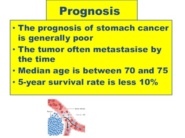 Prognosis The prognosis of stomach cancer is generally poor The tumor