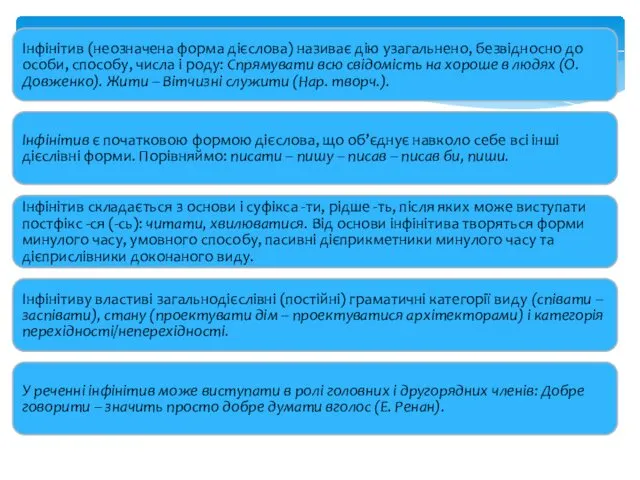 Інфінітив (неозначена форма дієслова) називає дію узагальнено, безвідносно до особи, способу,