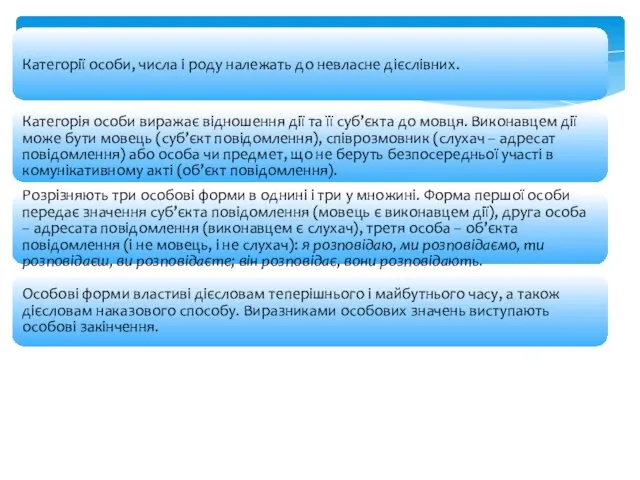 Категорії особи, числа і роду належать до невласне дієслівних. Категорія особи