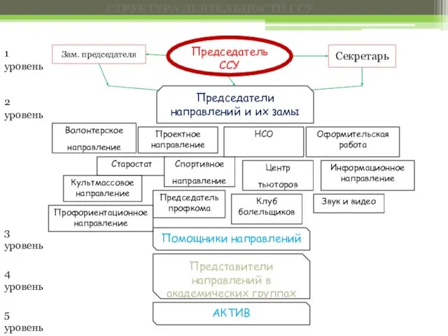 Проектное направление Волонтерское направление СТРУКТУРА ДЕЯТЕЛЬНОСТИ ССУ Секретарь Зам. председателя 1