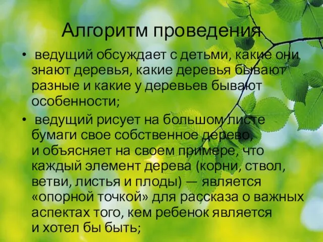 Алгоритм проведения ведущий обсуждает с детьми, какие они знают деревья, какие