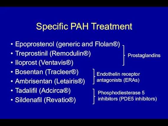 Specific PAH Treatment Epoprostenol (generic and Flolan®) Treprostinil (Remodulin®) Iloprost (Ventavis®)