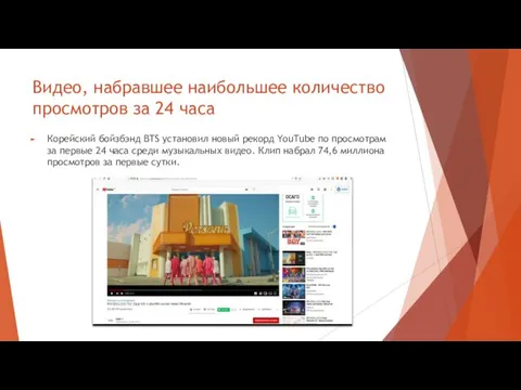 Видео, набравшее наибольшее количество просмотров за 24 часа Корейский бойзбэнд BTS