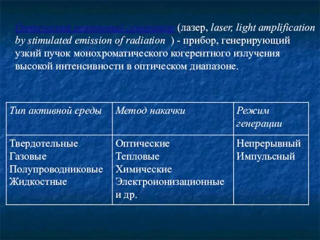 Оптический квантовый генератор (лазер, laser, light amplification by stimulated emission of