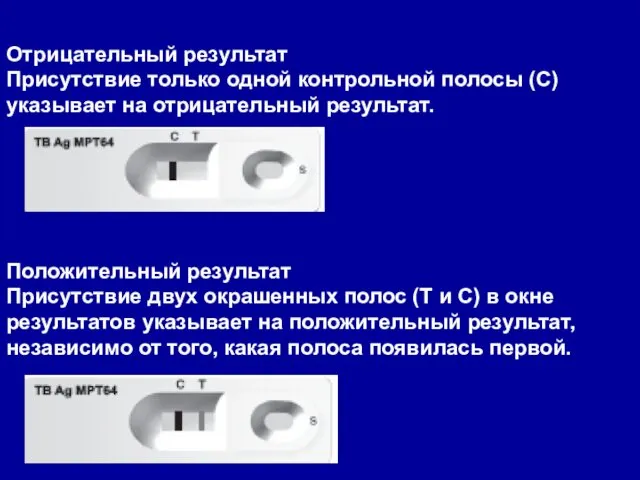 Отрицательный результат Присутствие только одной контрольной полосы (С) указывает на отрицательный