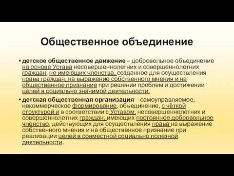 Общественное объединение детское общественное движение – добровольное объединение на основе Устава