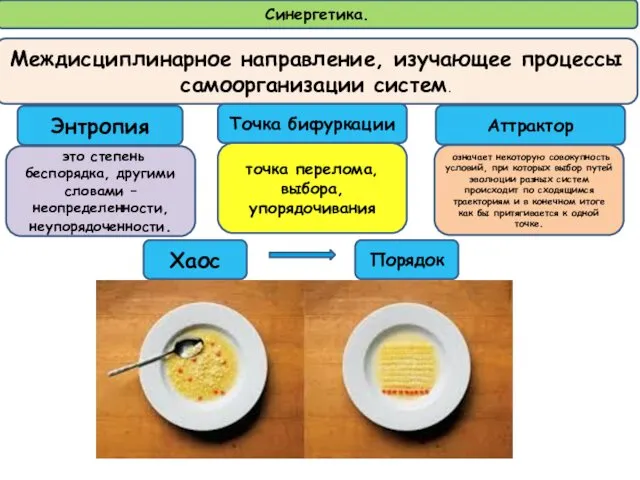 Синергетика. Междисциплинарное направление, изучающее процессы самоорганизации систем. Хаос Порядок Энтропия Точка