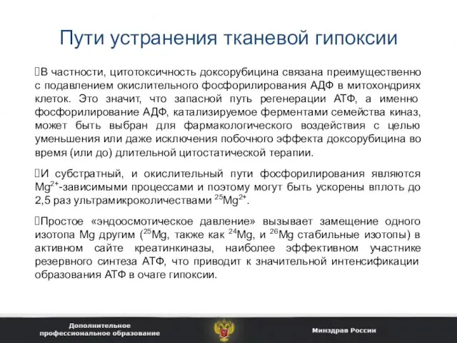 Пути устранения тканевой гипоксии В частности, цитотоксичность доксорубицина связана преимущественно с