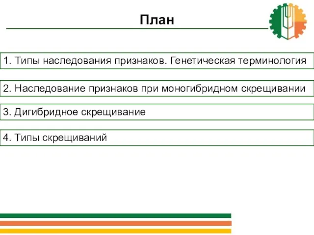 План 1. Типы наследования признаков. Генетическая терминология 2. Наследование признаков при