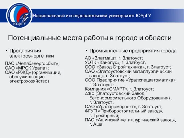 Потенциальные места работы в городе и области Предприятия электроэнергетики ПАО «Челябэнергосбыт»;