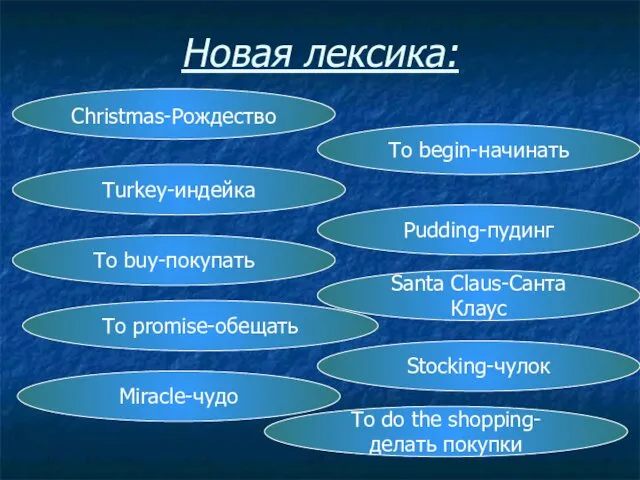 Новая лексика: Christmas-Рождество To begin-начинать Turkey-индейка Pudding-пудинг Santa Claus-Санта Клаус To