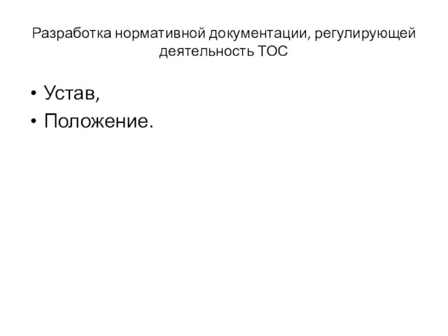 Разработка нормативной документации, регулирующей деятельность ТОС Устав, Положение.