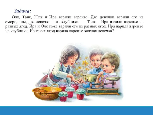 Задача: Оля, Таня, Юля и Ира варили варенье. Две девочки варили