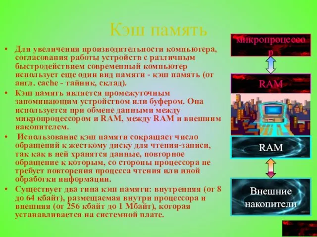 Кэш память Для увеличения производительности компьютера, согласования работы устройств с различным