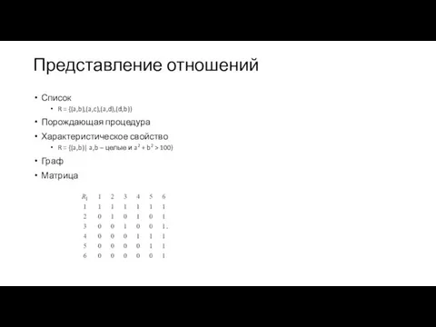 Представление отношений Список R = {(a,b),(a,c),(a,d),(d,b)} Порождающая процедура Характеристическое свойство R