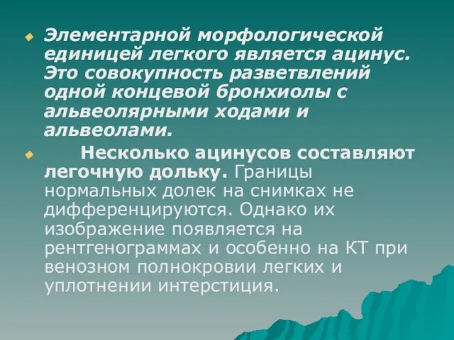 Элементарной морфологической единицей легкого является ацинус. Это совокупность разветвлений одной концевой