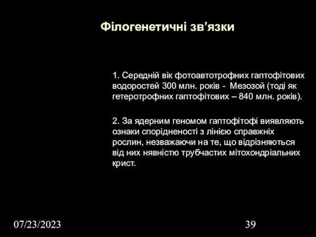 07/23/2023 Філогенетичні зв’язки 1. Середній вік фотоавтотрофних гаптофітових водоростей 300 млн.