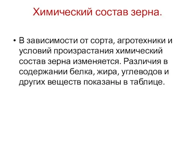 Химический состав зерна. В зависимости от сорта, агротехники и условий произрастания