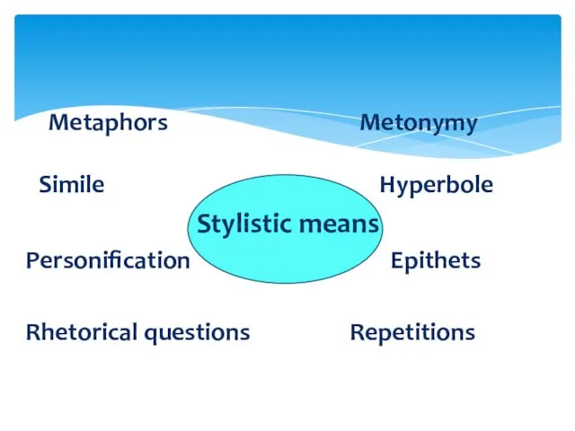 Metaphors Metonymy Simile Hyperbole Stylistic means Personification Epithets Rhetorical questions Repetitions