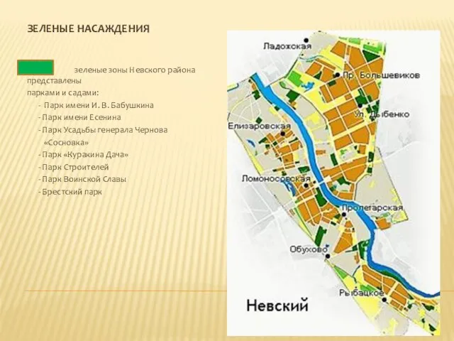 ЗЕЛЕНЫЕ НАСАЖДЕНИЯ зеленые зоны Невского района представлены парками и садами: -