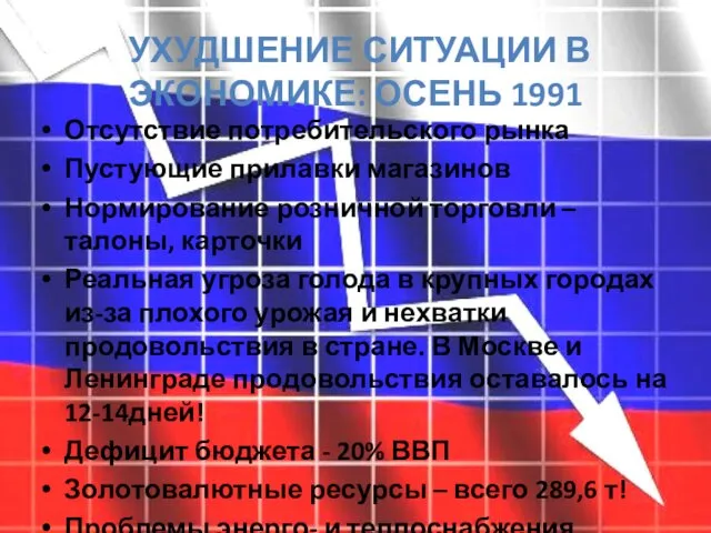 УХУДШЕНИЕ СИТУАЦИИ В ЭКОНОМИКЕ: ОСЕНЬ 1991 Отсутствие потребительского рынка Пустующие прилавки