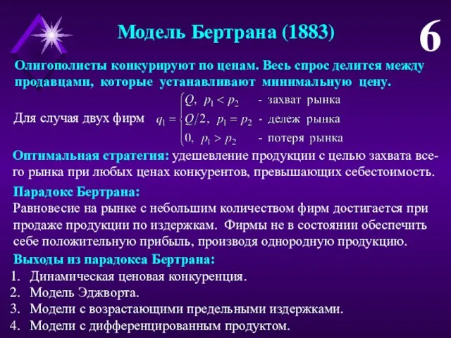 Модель Бертрана (1883) 6 Олигополисты конкурируют по ценам. Весь спрос делится