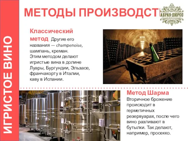 МЕТОДЫ ПРОИЗВОДСТВА ИГРИСТОЕ ВИНО Классический метод Другие его названия — champenoise,