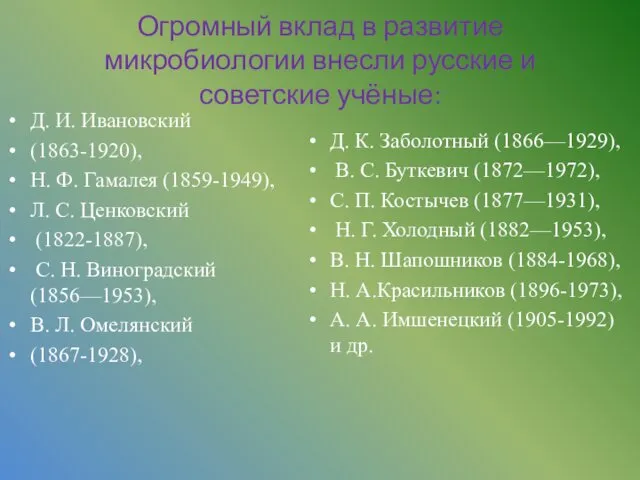 Огромный вклад в развитие микробиологии внесли русские и советские учёные: Д.