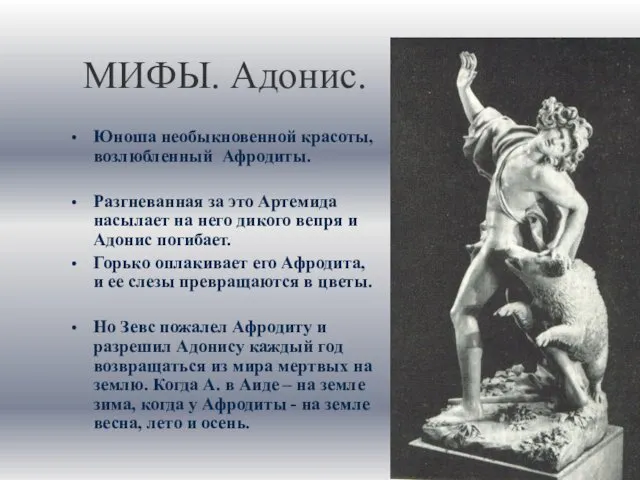 МИФЫ. Адонис. Юноша необыкновенной красоты, возлюбленный Афродиты. Разгневанная за это Артемида