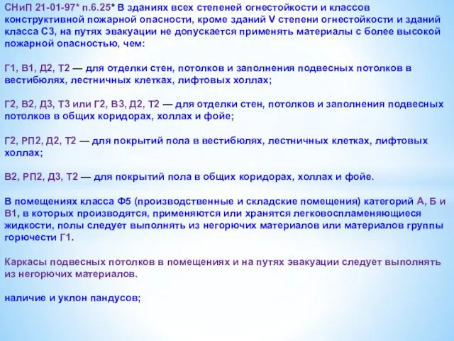 СНиП 21-01-97* п.6.25* В зданиях всех степеней огнестойкости и классов конструктивной